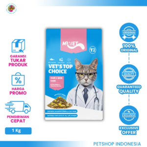 mr.vet t2 holistic hair & skin care cat food 1 kg – makanan kucing kering untuk kulit & bulu